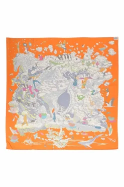 Orange silk 'Sur Mon Nuage' square scarf featuring original artwork by Dimitri Rybaltchenko