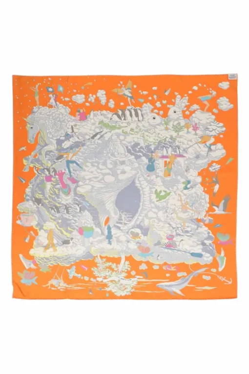 Orange silk 'Sur Mon Nuage' square scarf featuring original artwork by Dimitri Rybaltchenko