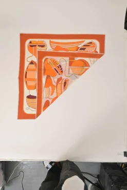 Orange silk 'Thalassa' print scarf featuring original artwork by Pierre Péron