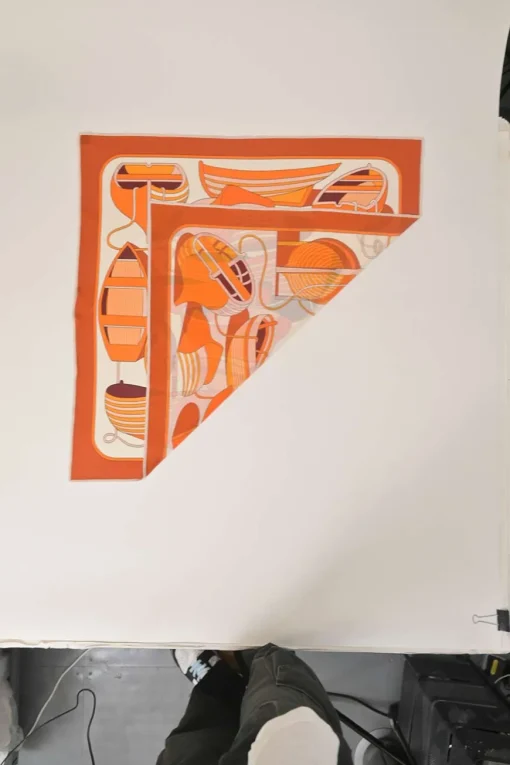 Orange silk 'Thalassa' print scarf featuring original artwork by Pierre Péron
