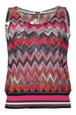 Orange viscose-blend glitter fully-fashioned chevron warp-knit tank top and mini skirt set.