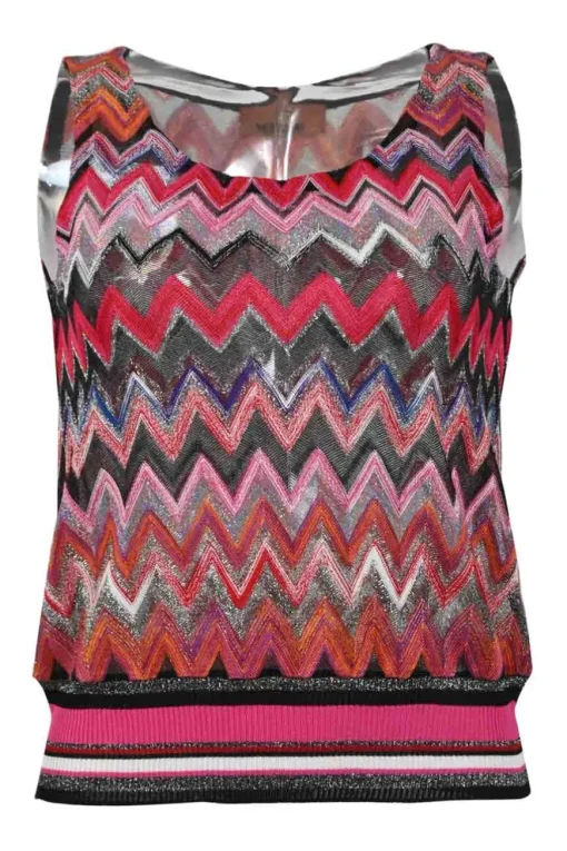 Orange viscose-blend glitter fully-fashioned chevron warp-knit tank top and mini skirt set.