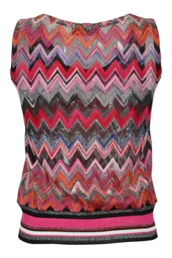 Orange viscose-blend glitter fully-fashioned chevron warp-knit tank top and mini skirt set.