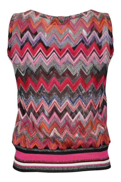 Orange viscose-blend glitter fully-fashioned chevron warp-knit tank top and mini skirt set.