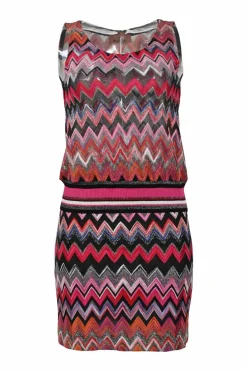 Orange viscose-blend glitter fully-fashioned chevron warp-knit tank top and mini skirt set.