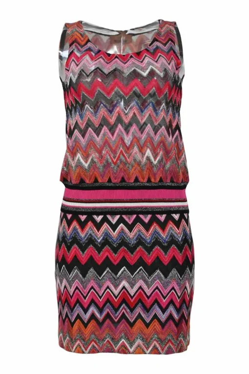 Orange viscose-blend glitter fully-fashioned chevron warp-knit tank top and mini skirt set.