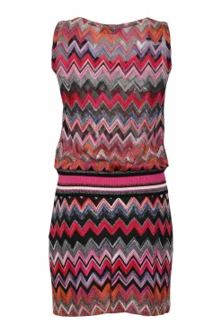 Orange viscose-blend glitter fully-fashioned chevron warp-knit tank top and mini skirt set.