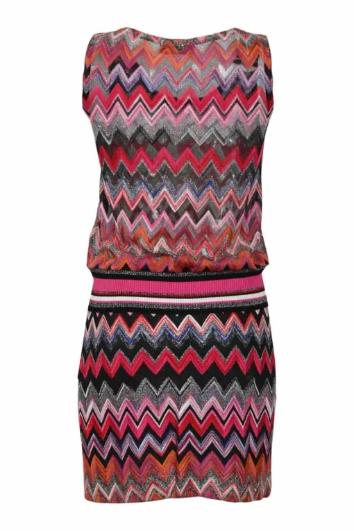 Orange viscose-blend glitter fully-fashioned chevron warp-knit tank top and mini skirt set.