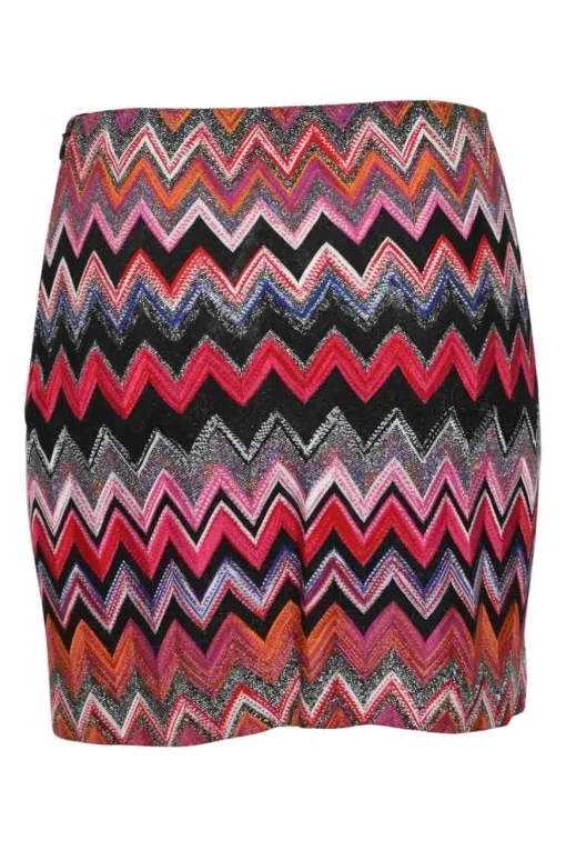 Orange viscose-blend glitter fully-fashioned chevron warp-knit tank top and mini skirt set.