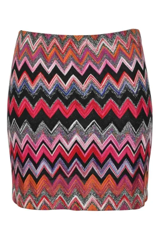 Orange viscose-blend glitter fully-fashioned chevron warp-knit tank top and mini skirt set.