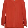 Orange viscose-blend mixed media semi-sheer button-front cardigan with back floral appliqués
