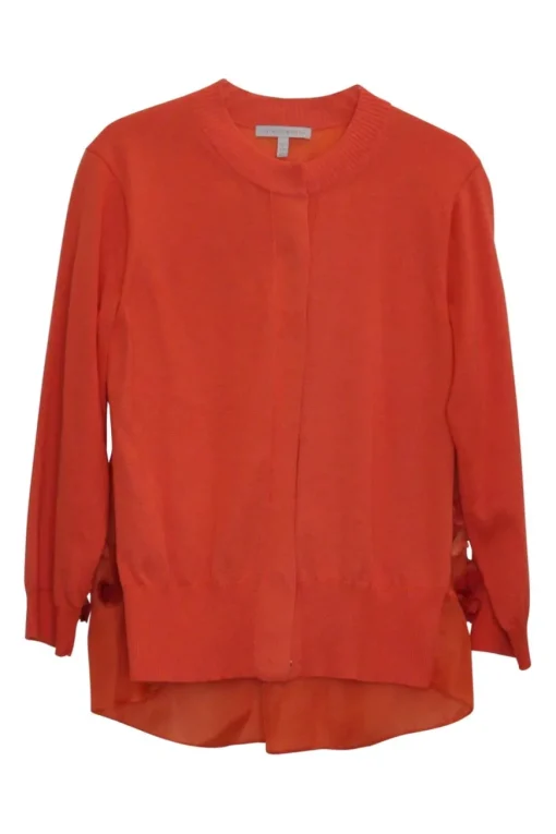 Orange viscose-blend mixed media semi-sheer button-front cardigan with back floral appliqués