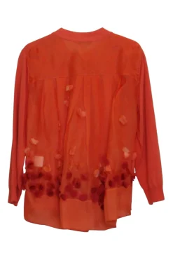 Orange viscose-blend mixed media semi-sheer button-front cardigan with back floral appliqués