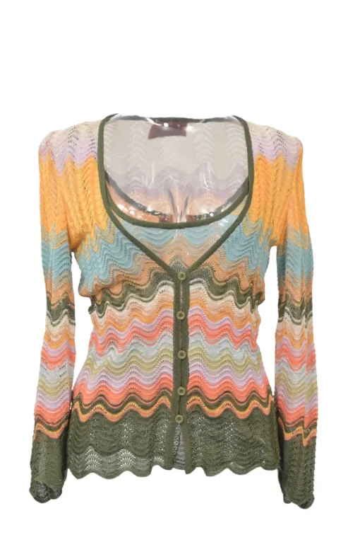 Orange viscose-blend wide-gauge wavy pointelle knit twin set with spaghetti strap tank top and cardigan