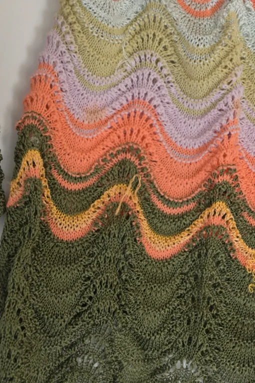 Orange viscose-blend wide-gauge wavy pointelle knit twin set with spaghetti strap tank top and cardigan