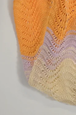 Orange viscose-blend wide-gauge wavy pointelle knit twin set with spaghetti strap tank top and cardigan