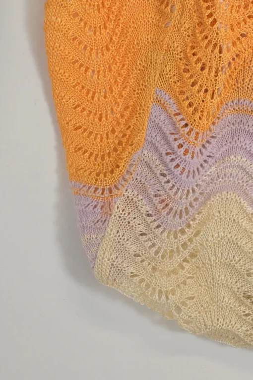 Orange viscose-blend wide-gauge wavy pointelle knit twin set with spaghetti strap tank top and cardigan