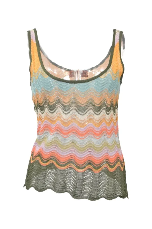 Orange viscose-blend wide-gauge wavy pointelle knit twin set with spaghetti strap tank top and cardigan