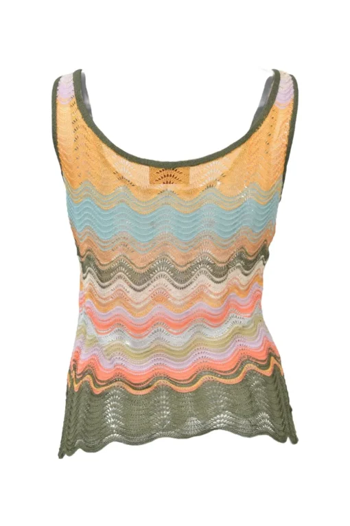 Orange viscose-blend wide-gauge wavy pointelle knit twin set with spaghetti strap tank top and cardigan