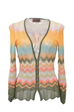 Orange viscose-blend wide-gauge wavy pointelle knit twin set with spaghetti strap tank top and cardigan