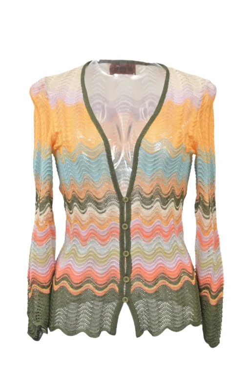 Orange viscose-blend wide-gauge wavy pointelle knit twin set with spaghetti strap tank top and cardigan