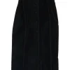 Overdyed indigo cotton-blend denim gored paperbag waist pencil skirt with adjustable pull tab belt