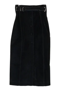 Overdyed indigo cotton-blend denim gored paperbag waist pencil skirt with adjustable pull tab belt