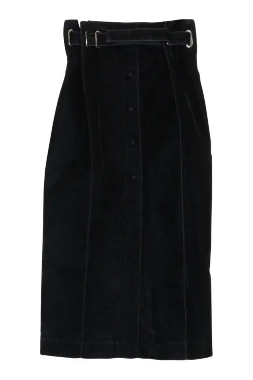 Overdyed indigo cotton-blend denim gored paperbag waist pencil skirt with adjustable pull tab belt