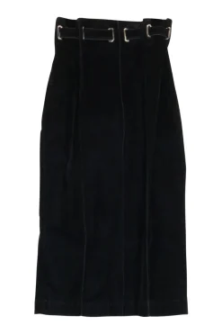 Overdyed indigo cotton-blend denim gored paperbag waist pencil skirt with adjustable pull tab belt