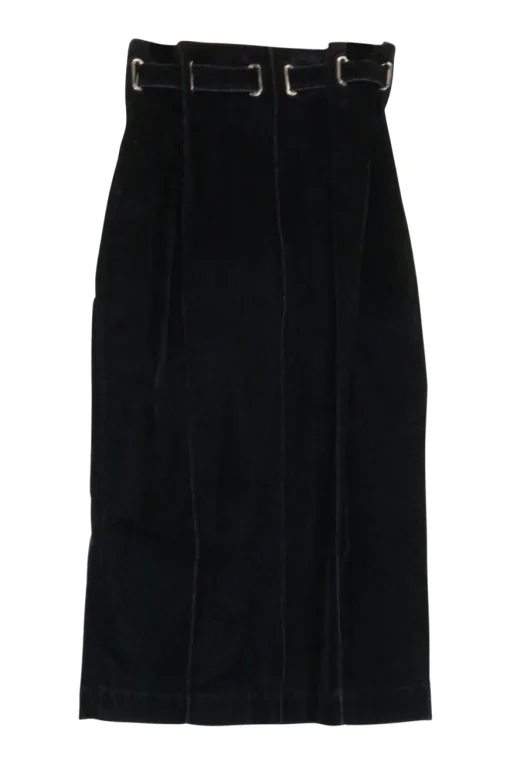Overdyed indigo cotton-blend denim gored paperbag waist pencil skirt with adjustable pull tab belt