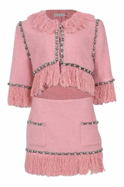 Pale Pink Lurex-tweed with Crystal-dome Trimmings Fringe Cropped Jacket and Skirt set