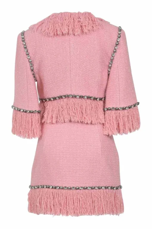 Pale Pink Lurex-tweed with Crystal-dome Trimmings Fringe Cropped Jacket and Skirt set
