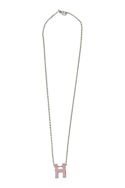 Palladium-plated silver-tone metal and pink enamel Pop H solitaire pendant necklace with lobster clasp closure