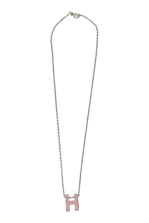 Palladium-plated silver-tone metal and pink enamel Pop H solitaire pendant necklace with lobster clasp closure