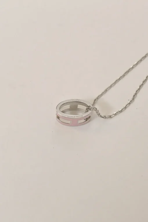 Palladium-plated silver-tone metal and pink enamel Pop H solitaire pendant necklace with lobster clasp closure