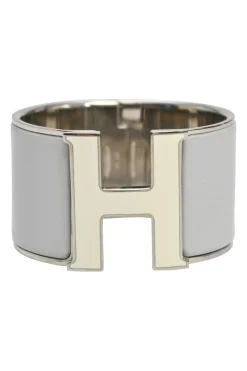 Palladium-plated sterling silver and grey enamel extra wide Clic H bracelet