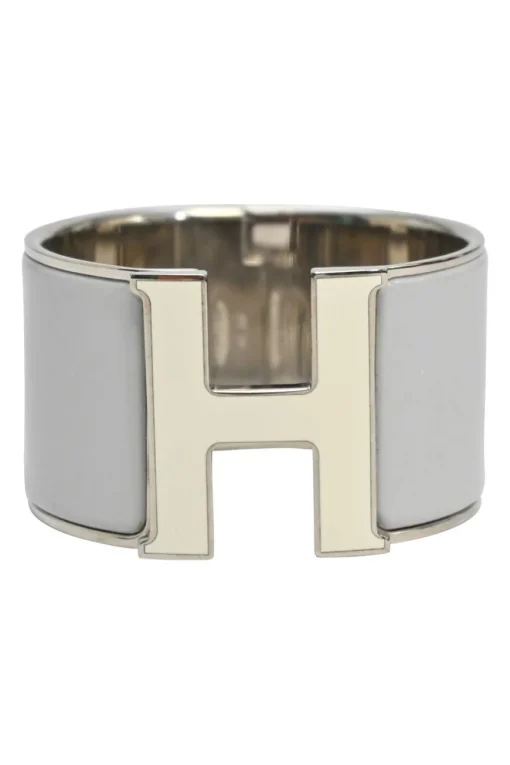 Palladium-plated sterling silver and grey enamel extra wide Clic H bracelet