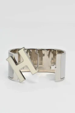 Palladium-plated sterling silver and grey enamel extra wide Clic H bracelet