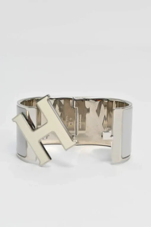 Palladium-plated sterling silver and grey enamel extra wide Clic H bracelet