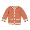 Peach cashmere striped weft knit half-sleeve cardigan with Coco Mark shank buttons