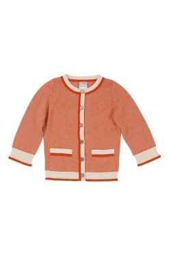 Peach cashmere striped weft knit half-sleeve cardigan with Coco Mark shank buttons