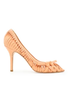 Peach open toed heels with twisted pattern on the sides