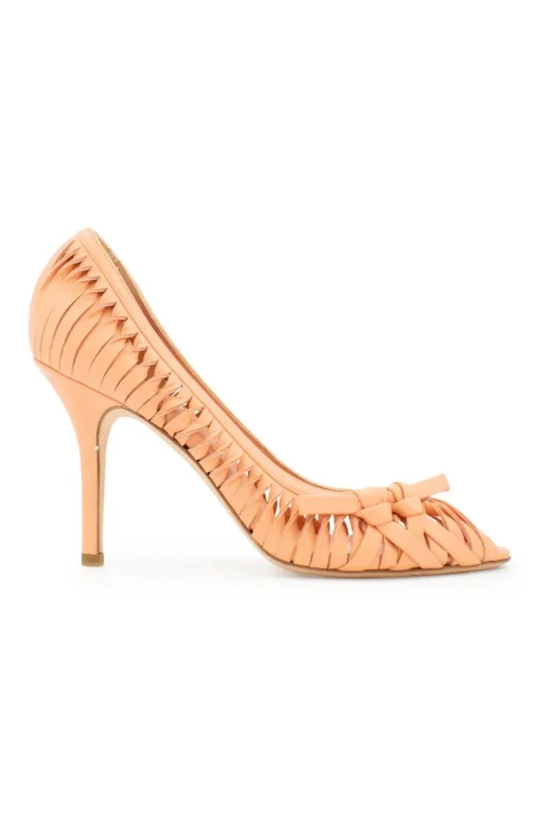Peach open toed heels with twisted pattern on the sides