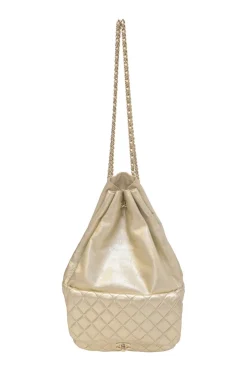 Pearl gold foiled matelassé lambskin drawstring In Seoul backpack with chainlink straps