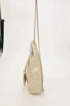 Pearl gold foiled matelassé lambskin drawstring In Seoul backpack with chainlink straps