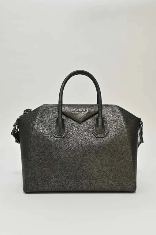 Pewter grained calfskin Antigona satchel with gunmetal hardware