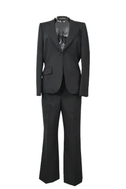 Pewter wool herringbone tweed single breasted notch lapel jacket and kick-flare tailored trouser suit set