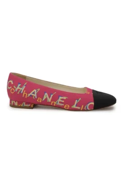 Pink and black logo jacquard and grosgrain chisel square-toe ballerinas