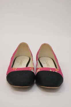 Pink and black logo jacquard and grosgrain chisel square-toe ballerinas