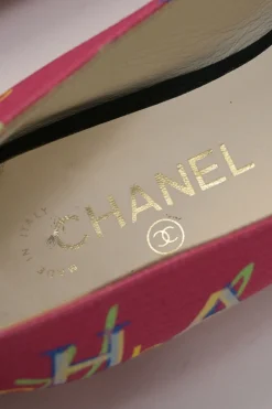 Pink and black logo jacquard and grosgrain chisel square-toe ballerinas
